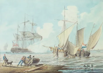 Niederländische Pinken und ein britisches Kriegsschiff vor einer Küste